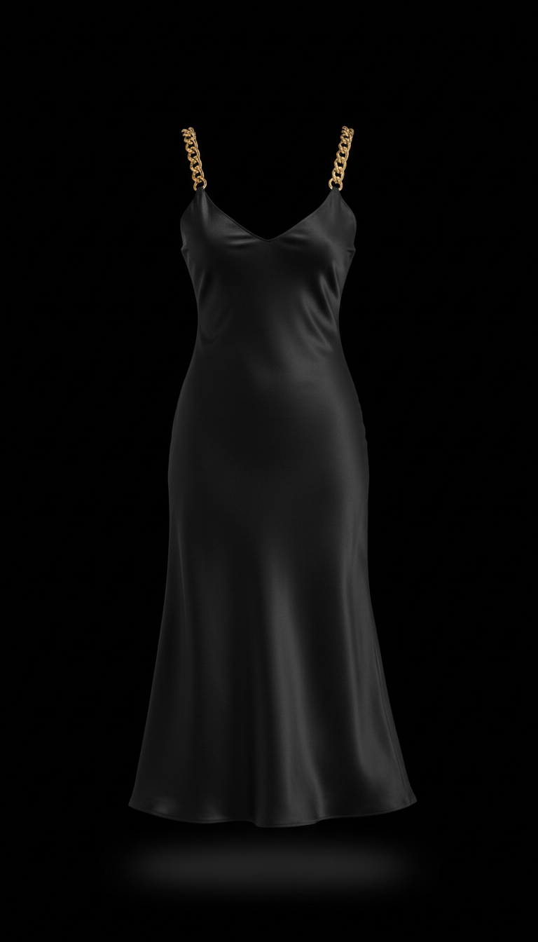 Black Silk Slip Dress with Gold Chain Straps
