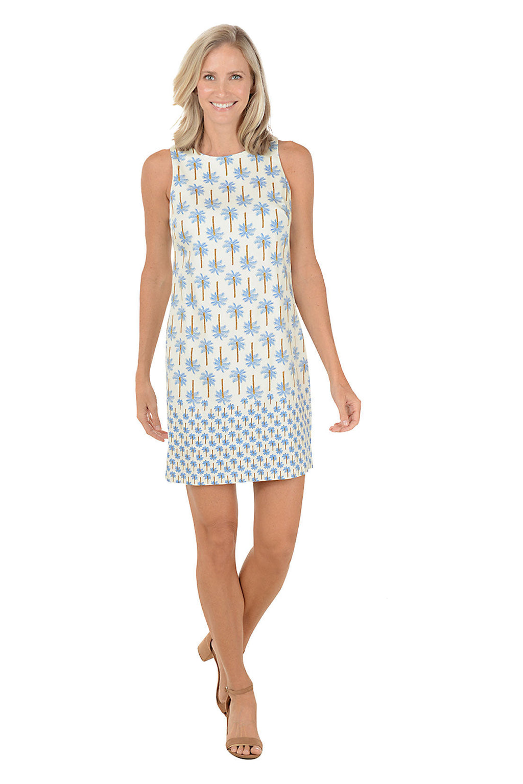 London Times Blue Palm Trees Sleeveless Shift Dress