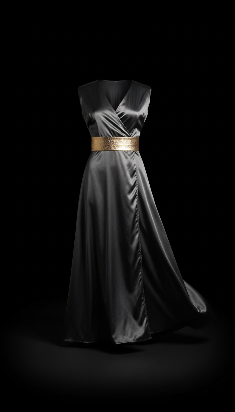 Satin Wrap Gown with Champagne Metallic Belt Detail