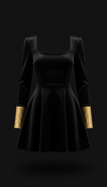 Structured Black Velvet Mini Dress with Glittering Gold Cuffs