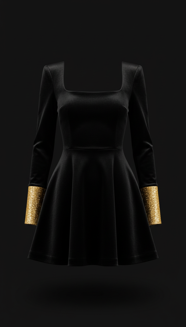 Structured Black Velvet Mini Dress with Glittering Gold Cuffs