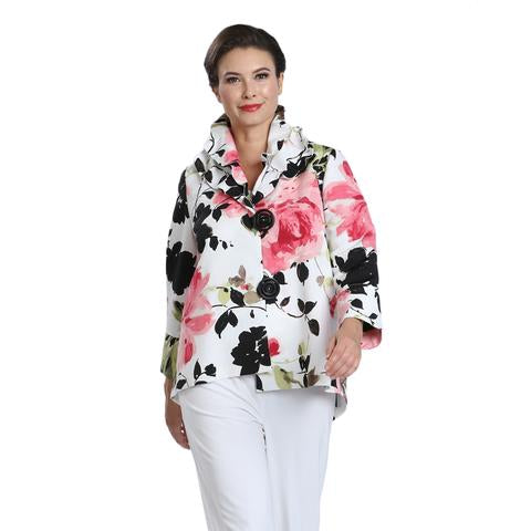 IC Collection Floral Print Double-Collar Jacket in White/Multi