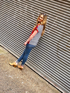 Renuar Floral Front / Navy Stripped White Back Top
