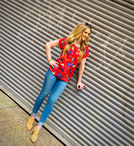 Renuar Floral Front / Navy Stripped White Back Top